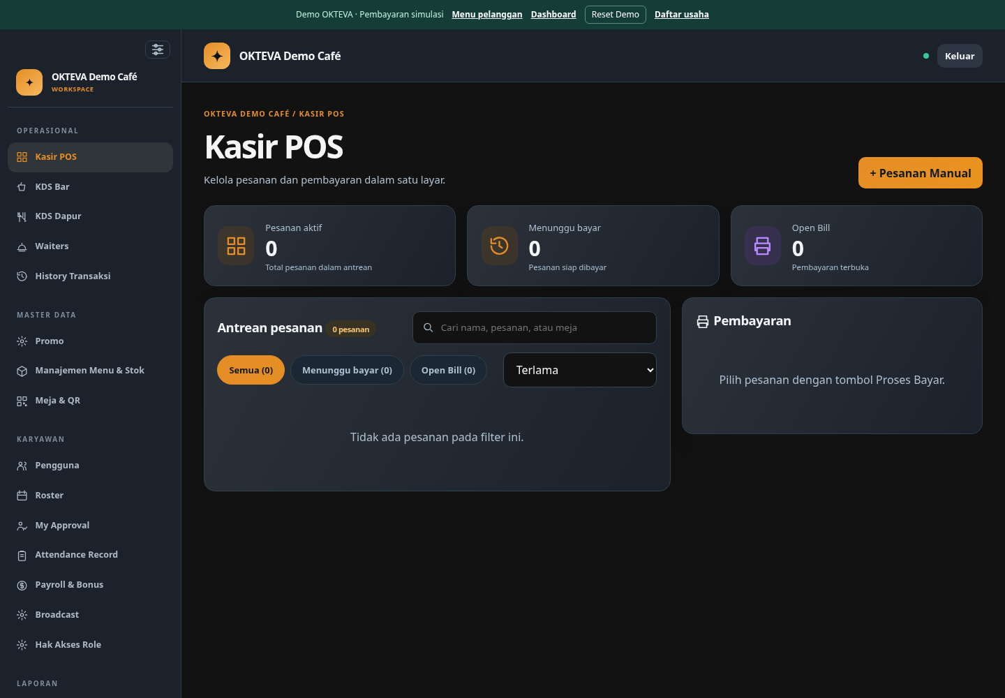 Tampilan kasir dan navigasi workspace OKTEVA pada komputer
